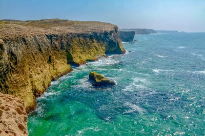 Scenic view of rocks in sea against sky