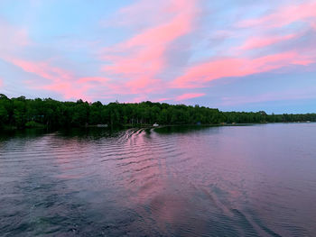 Scenic view of lake against sky at sunset