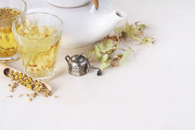 High angle view of tea served on table