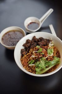 High angle view of noodles in bowl on table