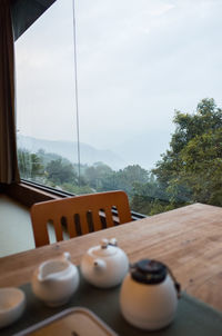 Close-up of food on table against sky