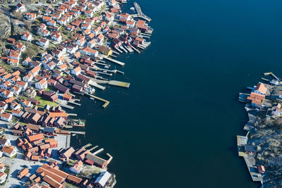 Aerial view of buildings at sea