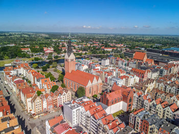High angle shot of townscape against sky