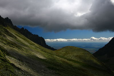 Scenic view of mountains against cloudy sky