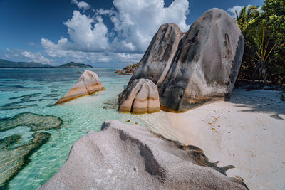 Tilt image of rocks on beach against sky