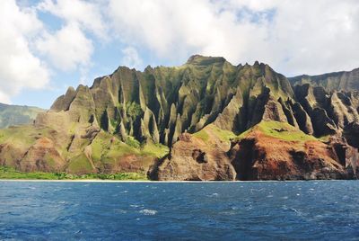 Scenic view of sea and mountains against sky