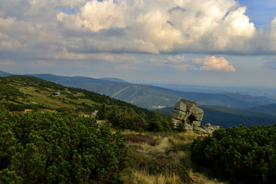 Scenic view of landscape and mountains against sky