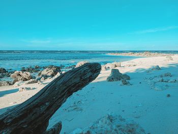 Scenic view of beach against blue sky