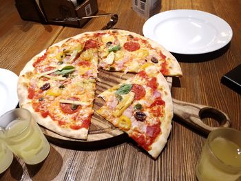 High angle view of pizza on table