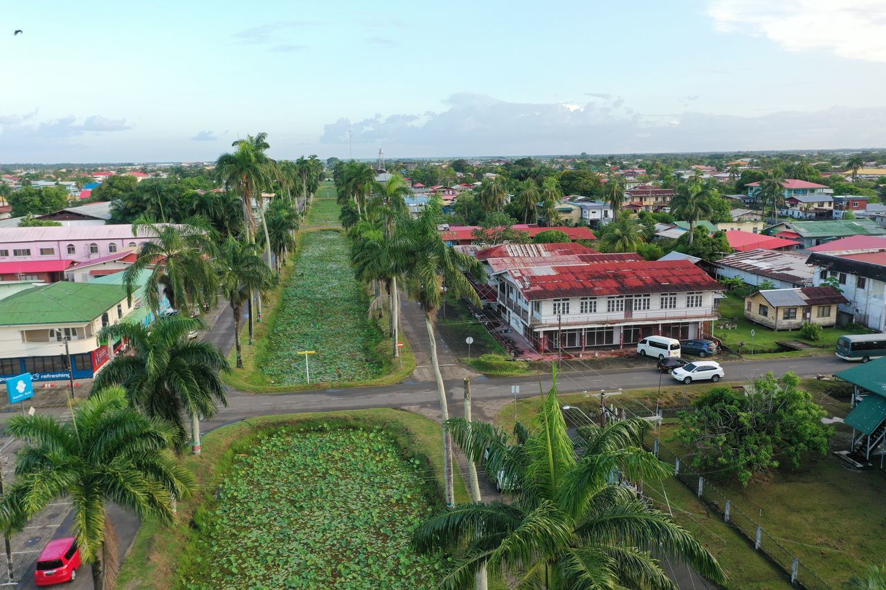 architecture, built structure, building exterior, plant, town, high angle view, city, residential area, nature, tree, building, sky, cloud, day, aerial photography, transportation, residential district, neighbourhood, water, tropical climate, outdoors, house, mode of transportation, bird's-eye view, no people, travel destinations, cityscape, resort, car, street, tourism, travel, motor vehicle, environment, landscape, growth