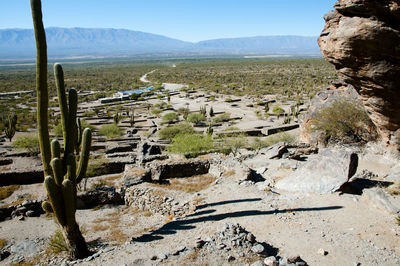 View of landscape with mountain range in the background