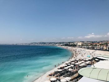 High angle view of beach against blue sky