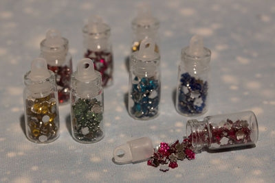 High angle view of bottles on table