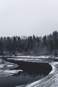 Scenic view of lake against clear sky during winter