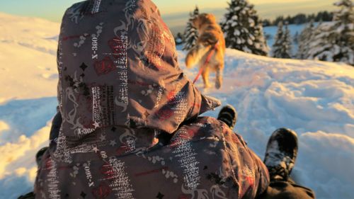 Rear view of man on snow against sky