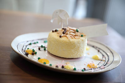 Close-up of cake in plate on table