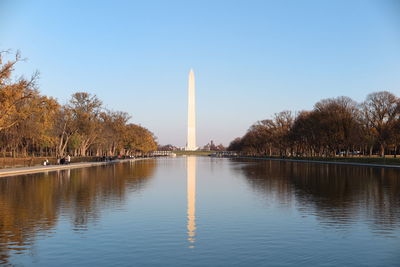 Washington monument in front of pond against sky