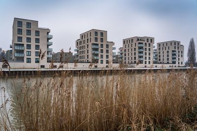 Buildings on field against clear sky