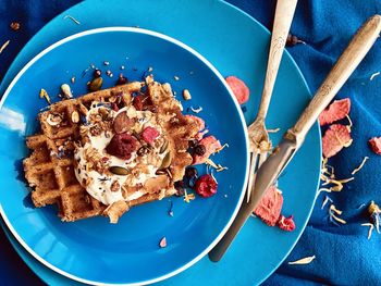 High angle view of breakfast served on table