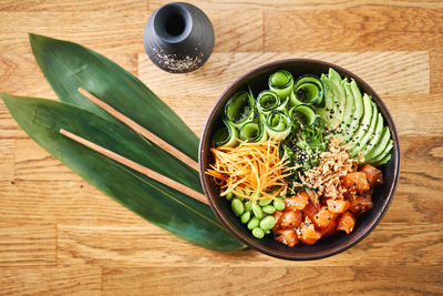 High angle view of vegetables in bowl on table