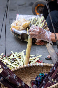 High angle view of man preparing food