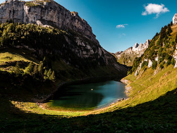 Scenic view of lake and mountains against sky