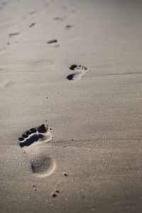 Close-up of footprints on sand at beach