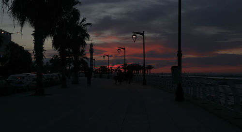 Silhouette trees by street against sky during sunset