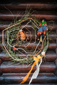 High angle view of ropes on wood