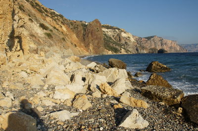 Scenic view of rocks and sea against clear sky