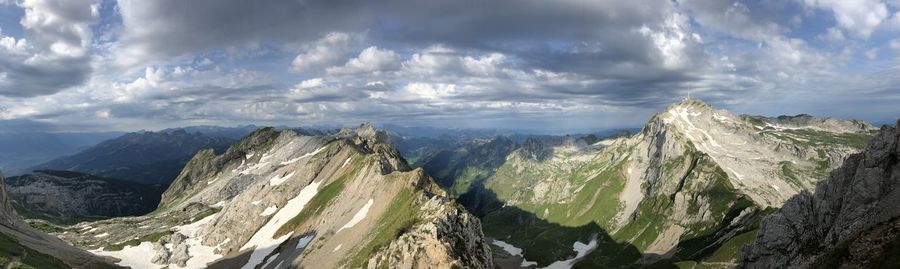 Panoramic view of snowcapped mountains against sky