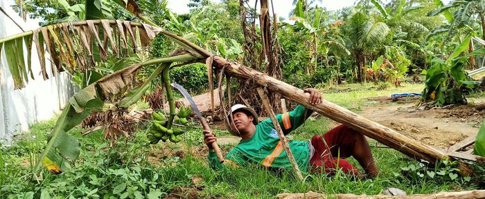 Portrait of man climbing on tree