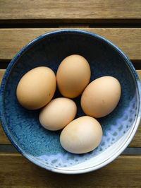 High angle view of eggs in plate on table
