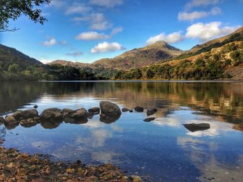 Scenic view of lake and mountains against sky