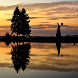 Silhouette tree by lake against orange sky