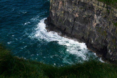 High angle view of sea by cliff