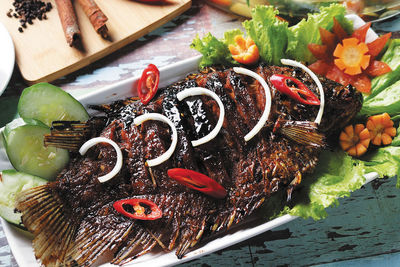 High angle view of meal served on table