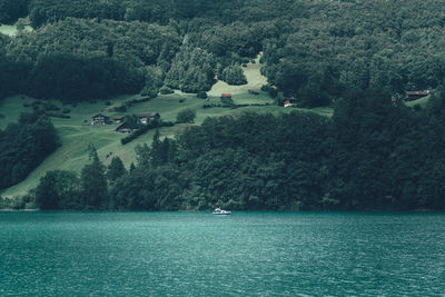 Houses on field by lake lungern