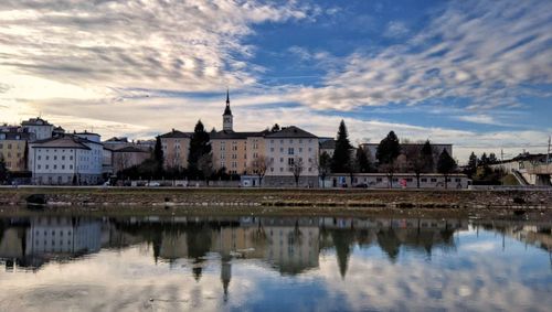 Reflection of buildings in water against sky