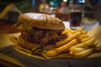 Close-up of burger on table