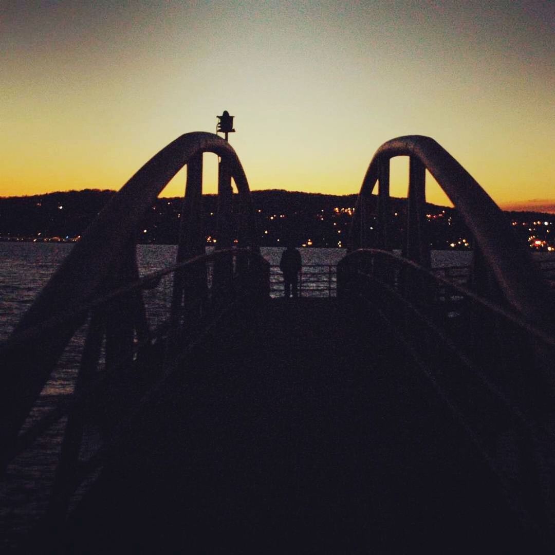 SILHOUETTE OF BRIDGE OVER SEA DURING SUNSET