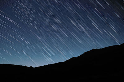 Scenic view of silhouette mountains against sky at night