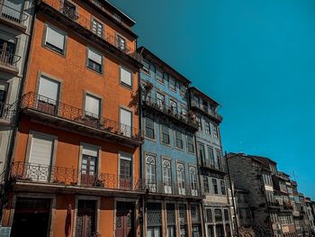 Low angle view of building against clear blue sky