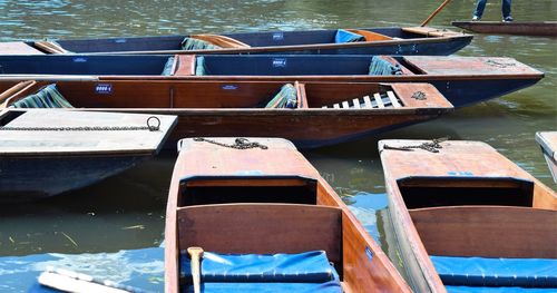 High angle view of wooden boats moored at lake