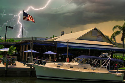 Low angle view of flag on boat against sky