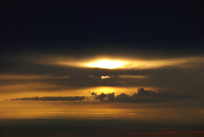 Beautiful sunset sky above clouds with dramatic light. cabin view from airplane