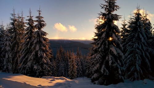 Scenic view of snow covered mountains against sky during sunset