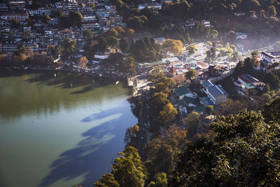 High angle view of illuminated buildings in city