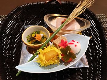 High angle view of food served on table