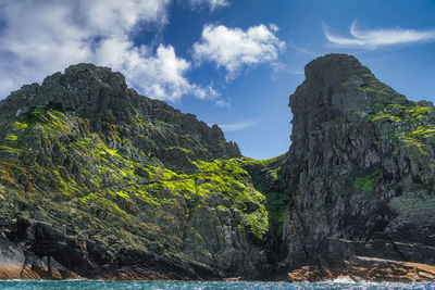 Steep stairs on the cliff to pier of skellig michael island where star wars were filmed, ireland